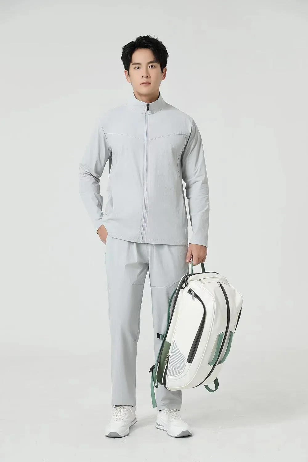 Men's Nylon Sports Training Suit Quick-Dry Long Pants and Long-Sleeve Stand Collar Jacket for Spring Running Fitness