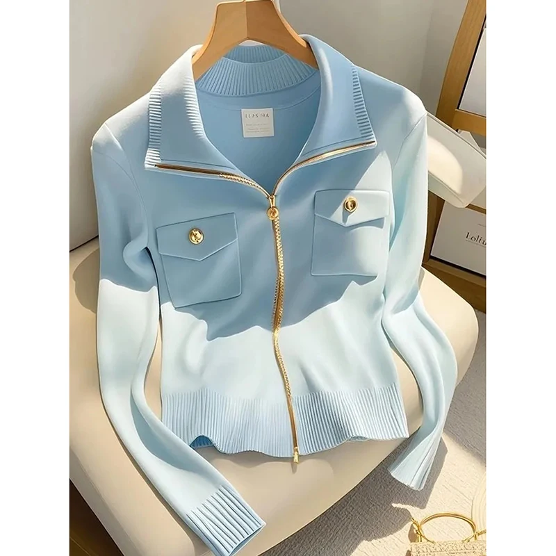 Fashion Blue Knitted Cardigan Women Sweaters Autumn New Elegant Casual Zipper Coat Ladies Short Slim Knitted Jacket Female Top