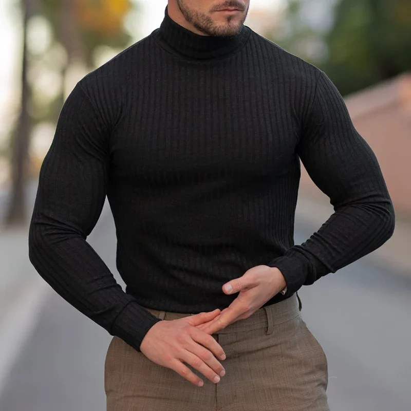 

Spring Autumn Classic Black Ribbed Knit Roll Neck Jumper Mens New Fashion Slim Fit Thin Turtleneck Pullover Knitwear Sweaters