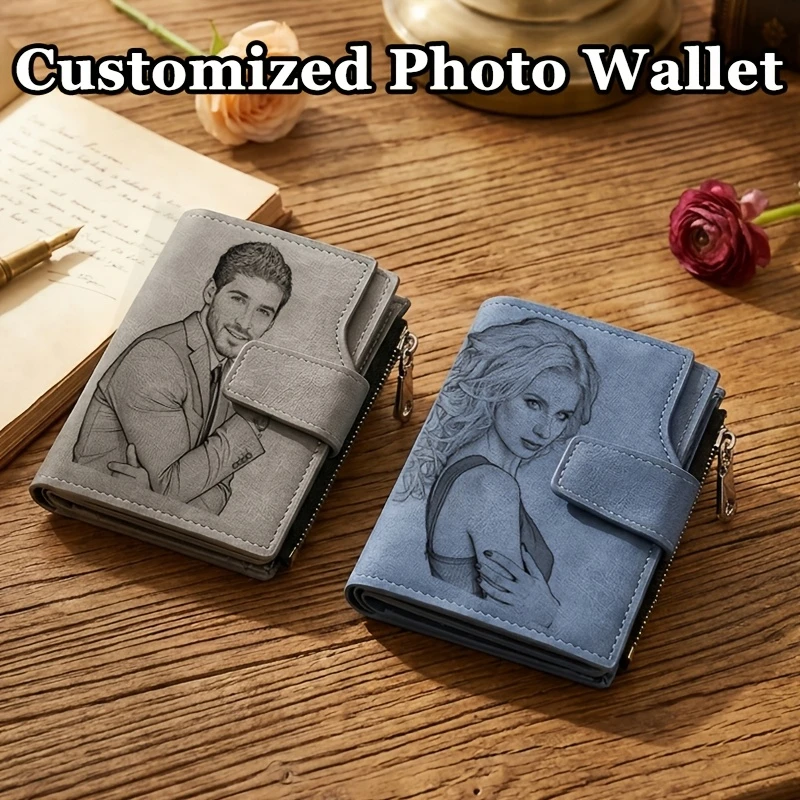 Personalized Purse Anniversary Birthday Gifts for Men Custom Photo Name Wallet Men Card Holder Gift for Husband Father's Day
