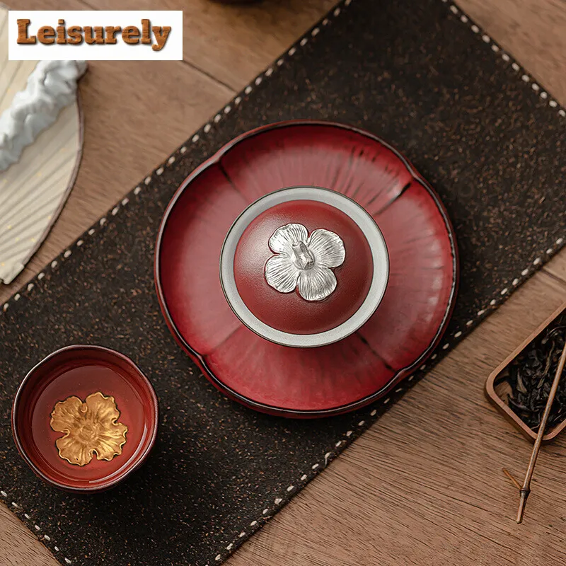 160ml Handmade Zhiye Braised Ceramic Gaiwan Persimmon Red Ruyi Tea Tureen Household Tea Making Cover Bowl Tea Services Craft