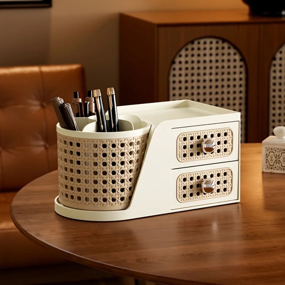Mid-Century Modern Desk Organizer with Drawers Rattan Style Cosmetic Makeup Brush Holder for Office Home Vanity Storage Box 1pc view 2