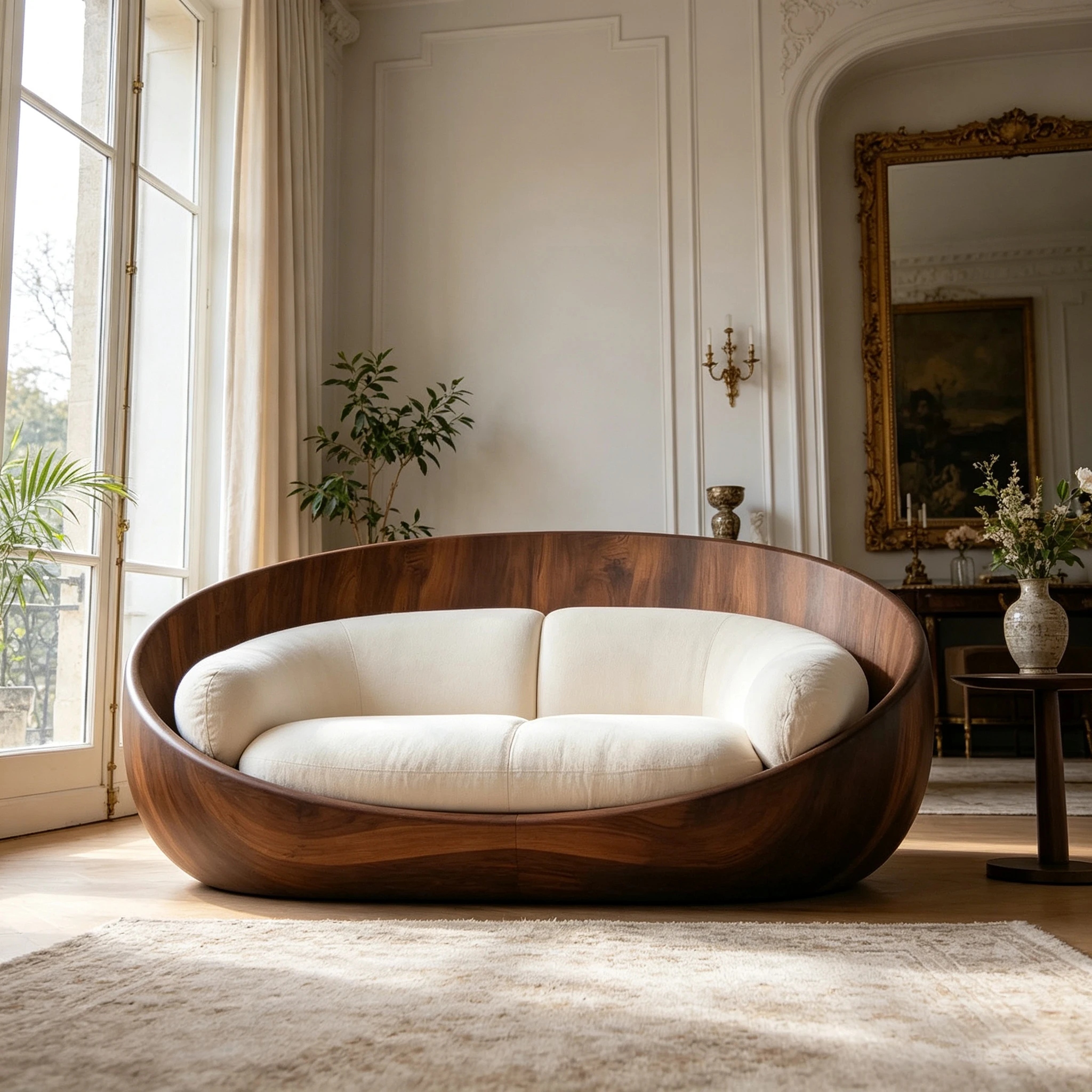 G*-Modern Oval Multi Seat Lounge Sofa with Fiberglass Wood Grain Frame and Soft Cream