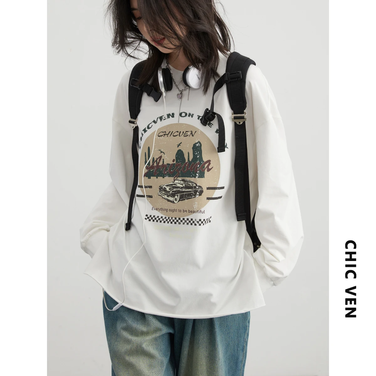 CHIC VEN  Women T-Shirts New Streetwear Round Neck Letter Printed Long Sleeved T-shirt Loose Inner Layer Top Spring Summer 2024