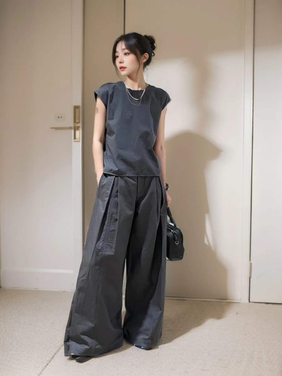 

Retro Grey High Waist Straight Leg Wide Leg Pants Loose Vest Women's Fashion Set 2025 Summer New Korean Style