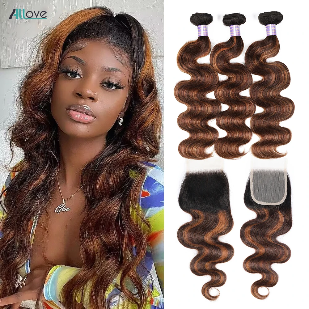 Brazilian Remy Body Wave Hair Extensions, Pacotes de destaque marrom com fechamento, 3 Pacotes, 5x5, 4x4 Lace Closure, FB 30