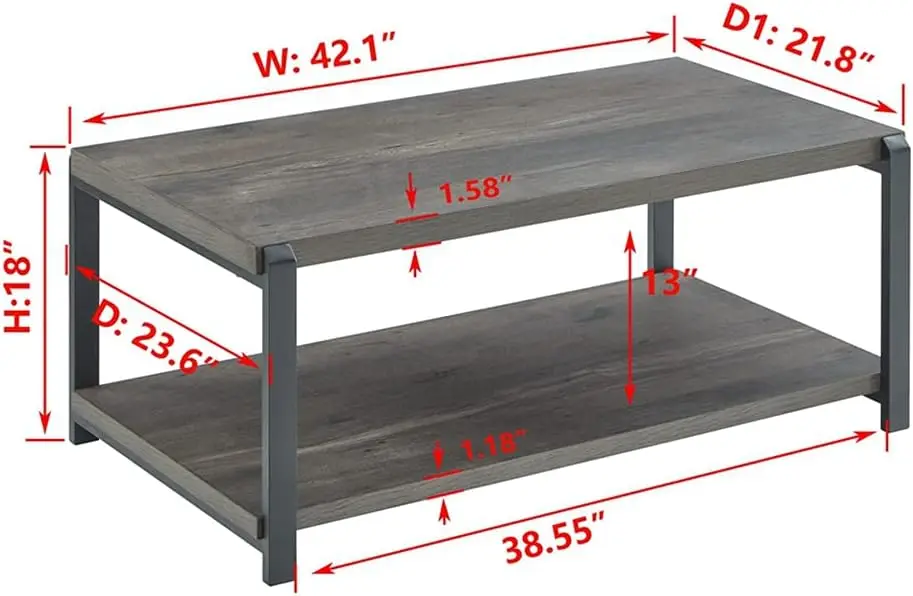 Coffee Table with Storage Shelf, Rustic Wood and Metal Cocktail Table for Living Room, Grey