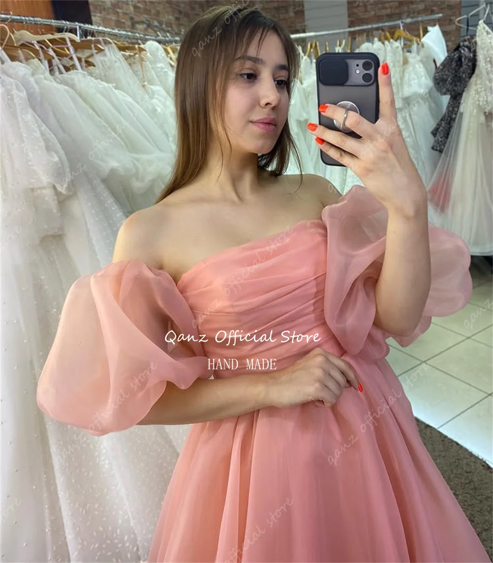 Qanz Elegant Organza Evening Dresses Strapless Long A Line Robe De Soirée Femmes Lace Up Back Wedding Party Dress Customized