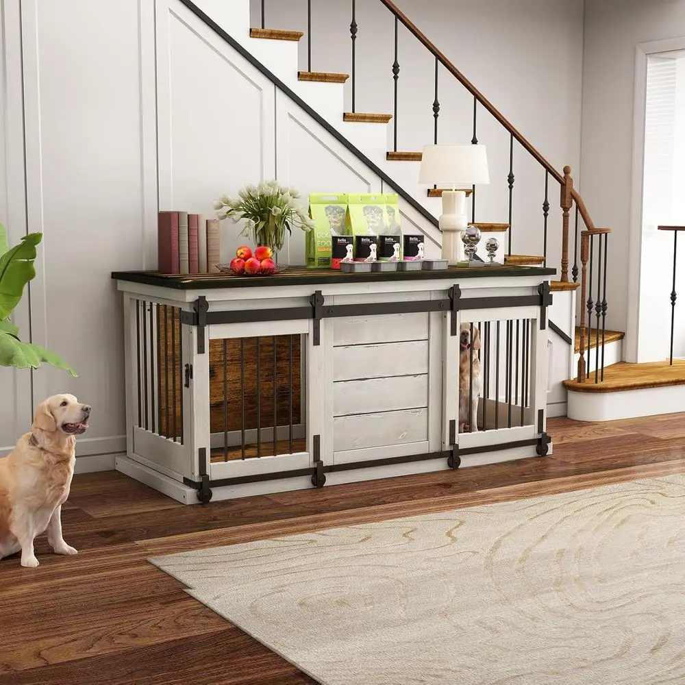 

Винтажный деревянный вольер для крупных пород, двухместный, с перегородкой и раздвижной дверью-шторкой