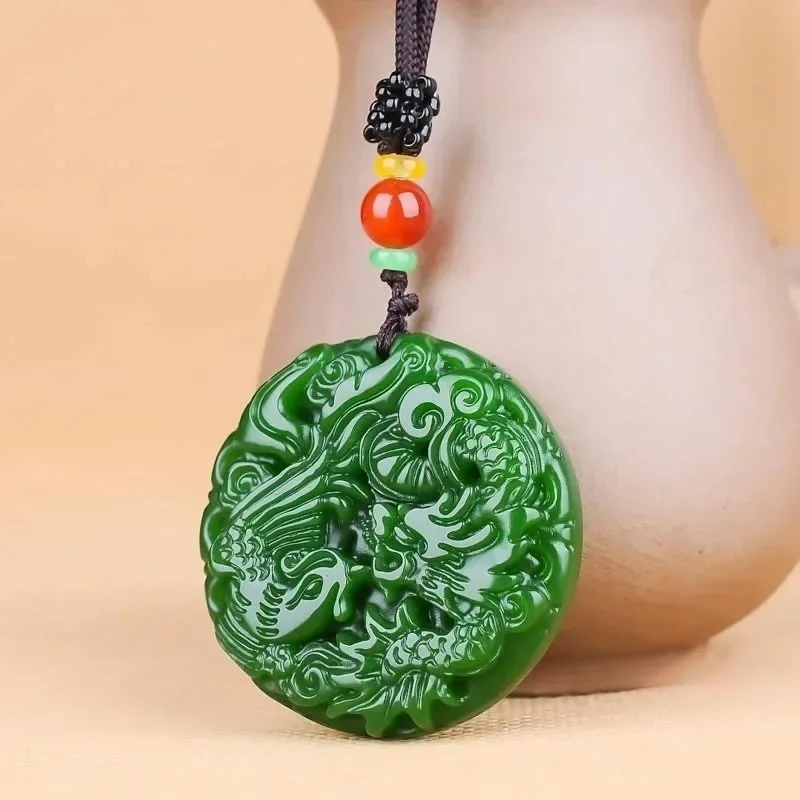 

Натуральный зеленый нефритовый кулон-подвеска с резьбой «Дракон и Феникс», ювелирное украшение, модный талисман удачи, подарки для женщин и мужчин, цепочка для свитера