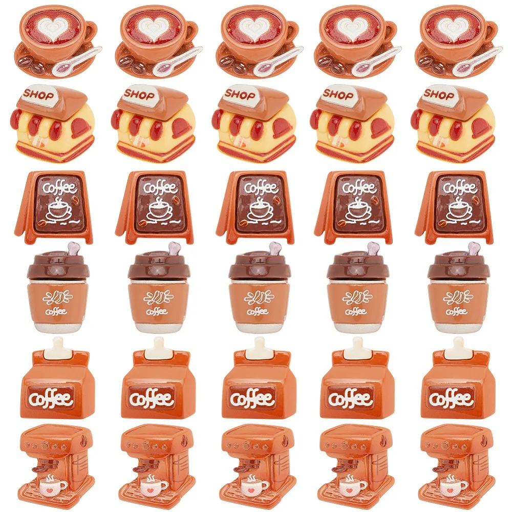 36Pcs 6 Styles Coffee Theme Opaque Resin Decoden Cabochons Coffee Maker/Cup/Signboard/Drink Mixed Color 22~27.5x19~27x6~11mm