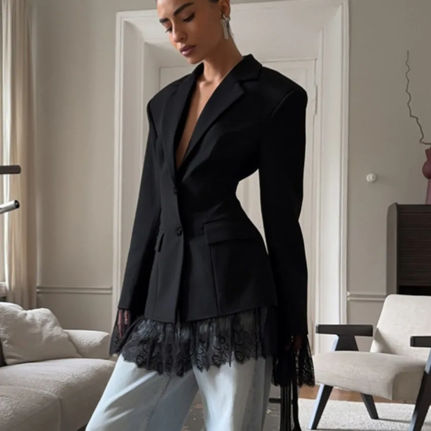 Design Black Blazer Women Spring Slim-Fit Jacket Long-Sleeve Lace Patchwork Suit Vestido Blazers Office Ladies Coat Top Trendy