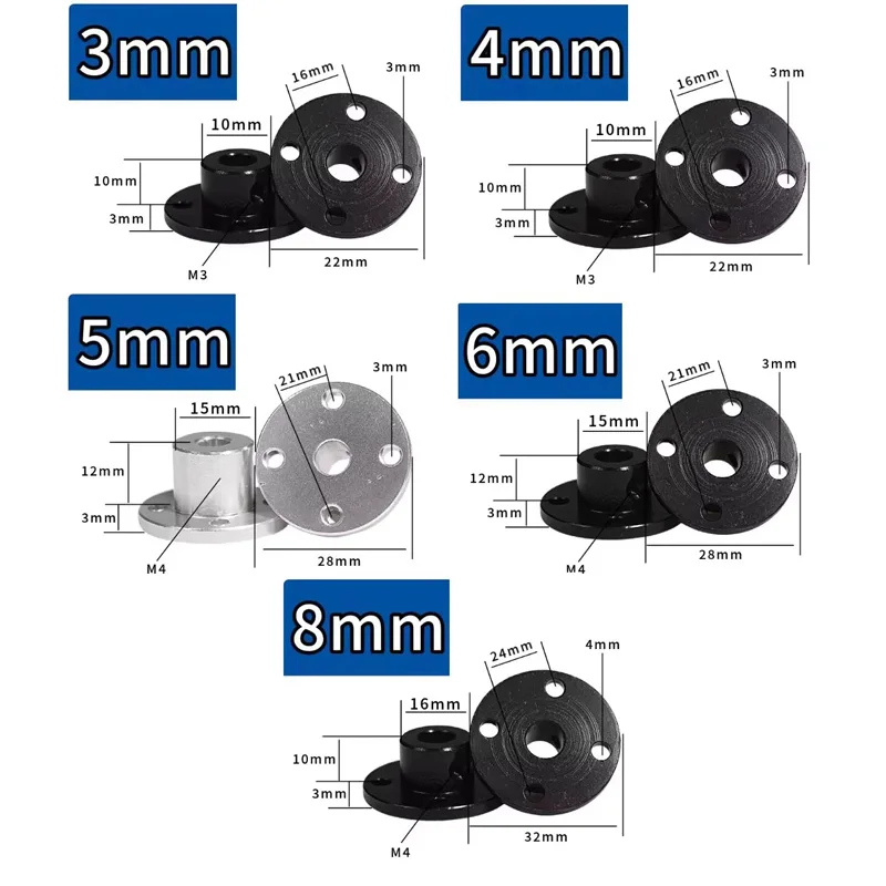 Aluminium Alloy Flange Couplers Available in 3,4,5,6,8mm Bore, Support Connector & Joint Adapter for Motor Guide Shafts