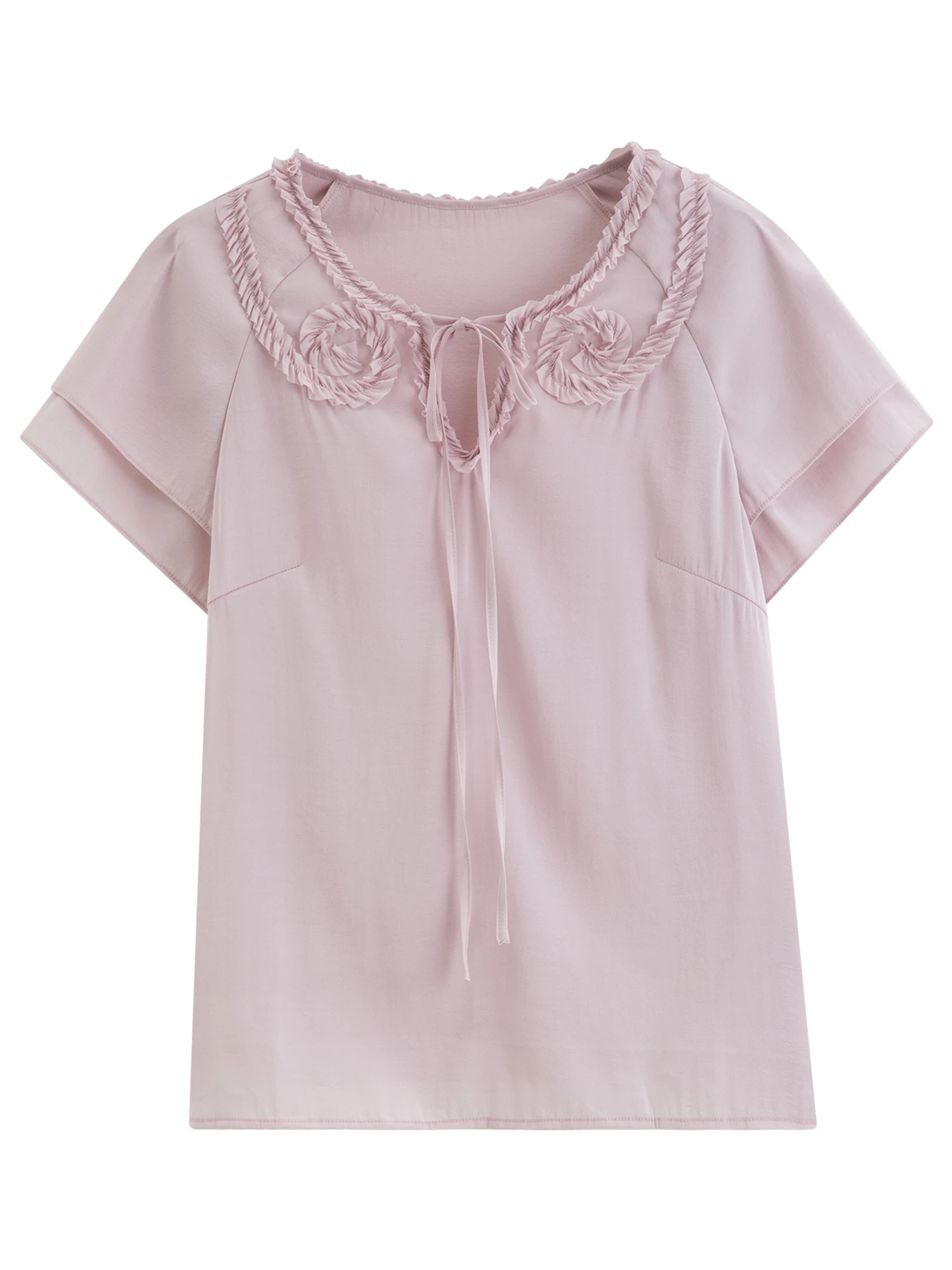 DUSHU 2026 Neu eingetroffen: Sommerliche Damen-Bluse aus Chiffon mit Pastell-Rüschen, kurzärmeliges, fließendes, feminines Oberteil für einen sanften, romantischen Stil – Detail 12