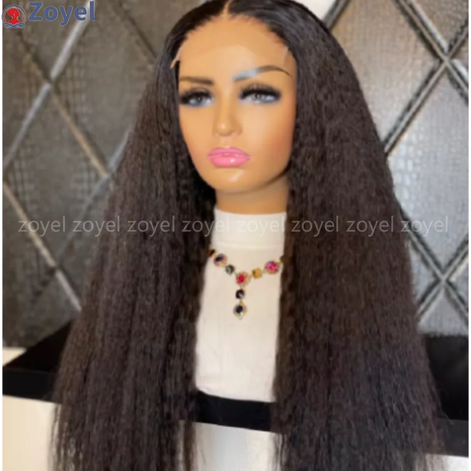 180 densidade 26 Polegada longo sem cola preto yaki kinky reta profunda peruca dianteira do laço para mulheres com babyhair pré-arrancado diariamente