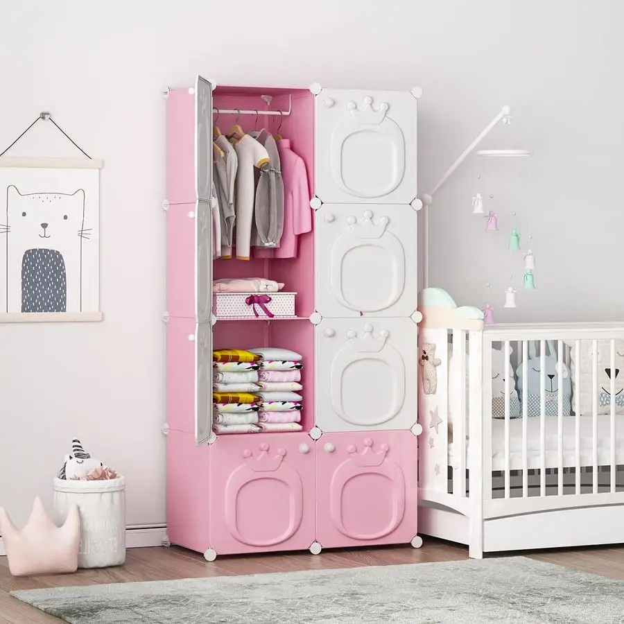 

Kids Wardrobe, Baby Girls Closet Armoires Organizer with Door. Open Hanging Children Costume Area and 6 Cube Storage. Pink 28x1