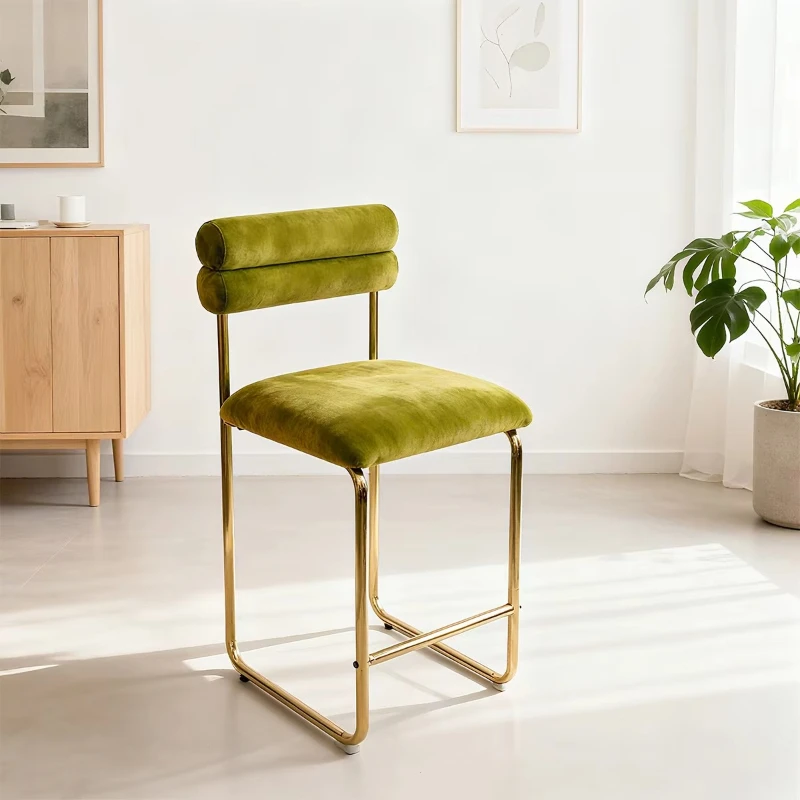 

Modern green velvet counter high pole stool with gold metal frame and footstool