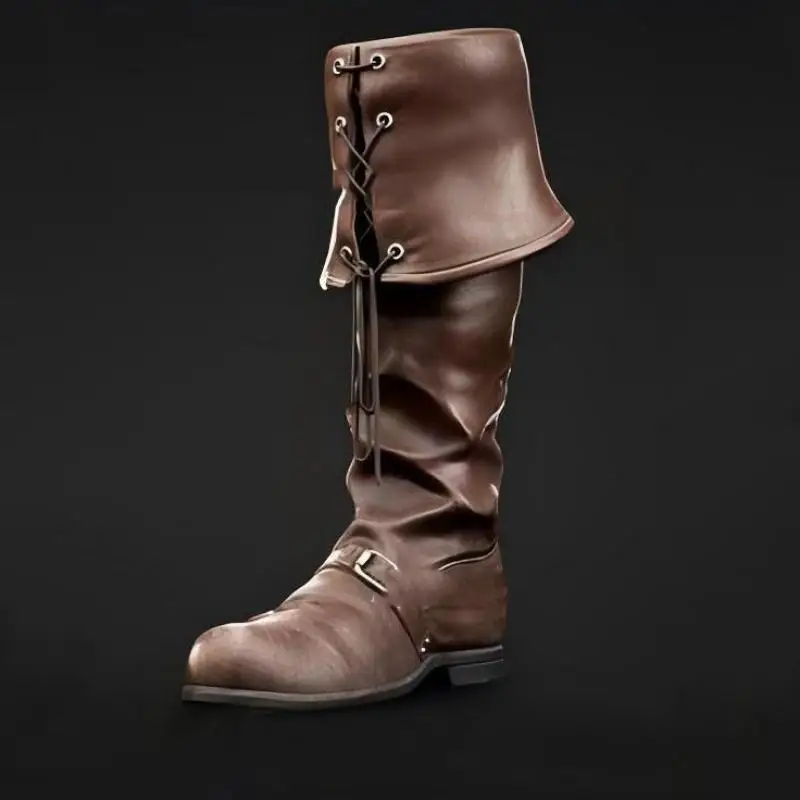 Herren Kunstleder Piratenstiefel, kniehoch, mit umklappbarer Manschette, Schnürung, Renaissance Mittelalter Cosplay Party Kostüm Schuhe 2026 – Detail 4