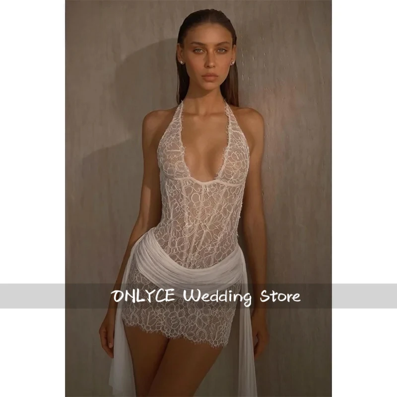 White Customized Sexy Halter Necklink Wedding Dress Sleeveless Backless Lace vestidos de noche Mini After Party Gown 2026