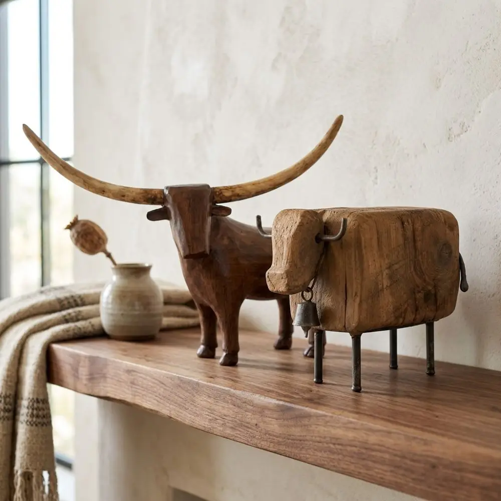 Vintage Style Longhorn Bull Sculpture Western Style Rugged Sheep Cow Figurine Rustic Handcrafted Distressed Animal Decor