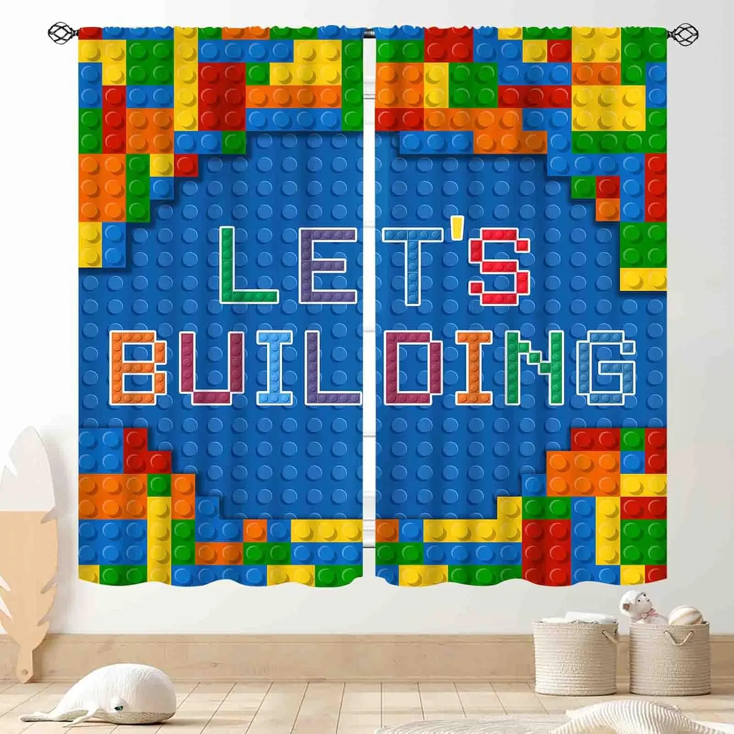 Kids Boys Curtains for Bedroom, Colorful Building Blocks Toys Plastic Brick Toy Pattern Abstract Contour Printed Blue Blackout