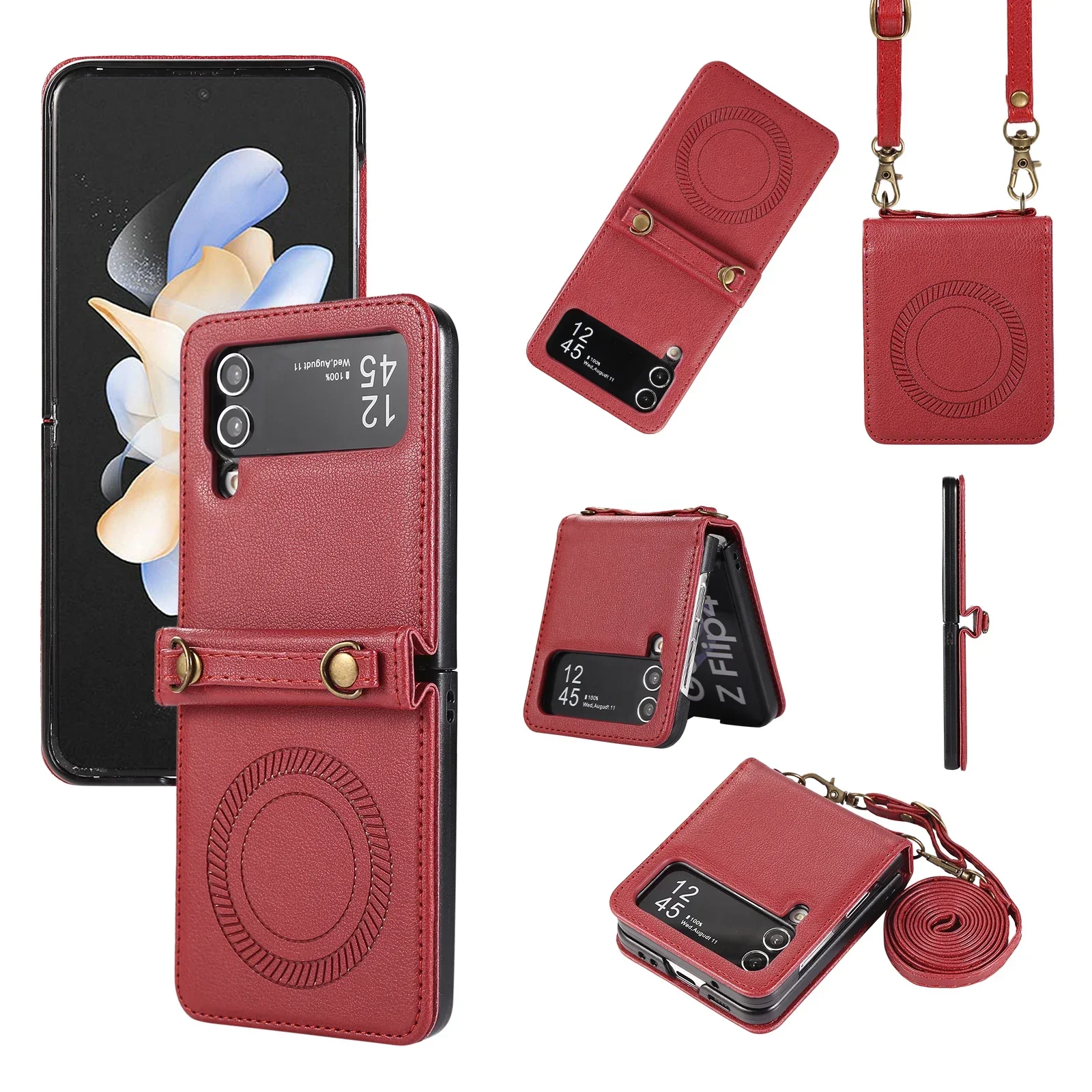 Crossbody Wireless Charge Magnetic Leather Case For Samsung Galaxy Z Flip 6 5 4 3 Flip5 Long Rope Lanyard For Magsafe Cover