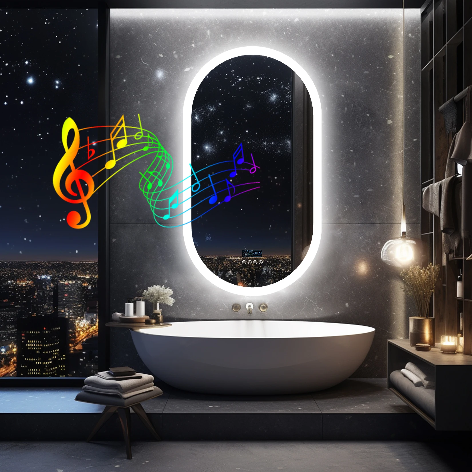 Miroir de salle de bain ovale LED Bluetooth avec double haut-parleur, anti-buée, 3 températures de couleur, intensité réglable, tactile intelligent, mural, pour maquillage, rasage, maison, hôtel, livraison rapide aux États-Unis