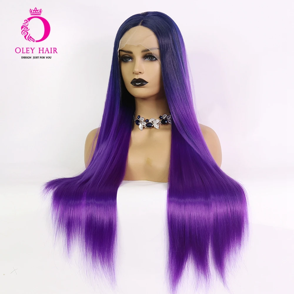 Ombre Purple Synthetic Lace Front Wig High Temperature Fiber Long Straight Drag Queen Wigs For Black Women With Blue Roots