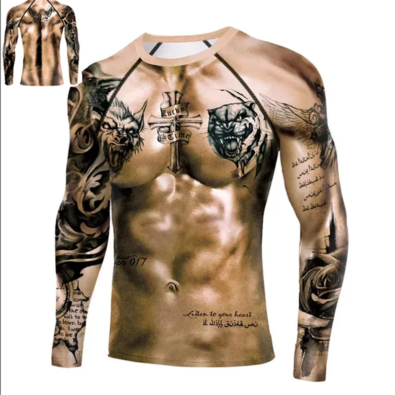 Muscle Tattoo Mens Compression T-shirts Long Sleeve Wolf Dragon Sportswear Rashguard Fitness Gym Tops Tees Streetwear T-shirt image 5