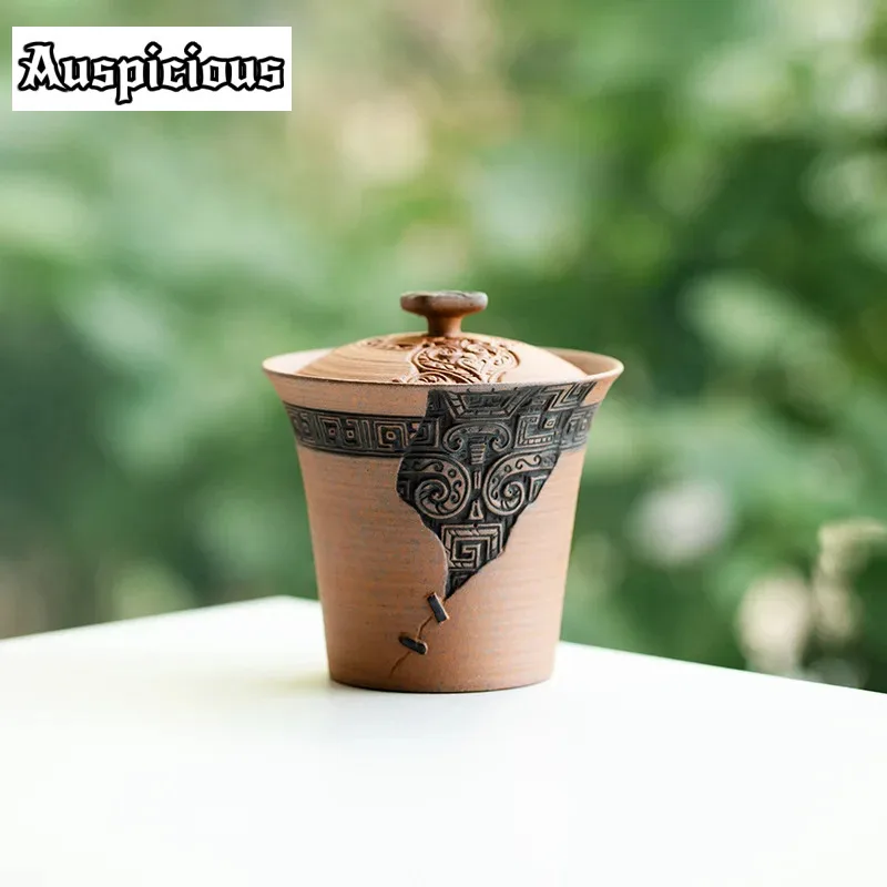 

145ml Embossed Taotie Pattern Gaiwan Aesthetic Old Rock Clay Cup Saucer Tea Tureen Tea Brewing Cover Bowl Cha Kung Fu Tea Gift