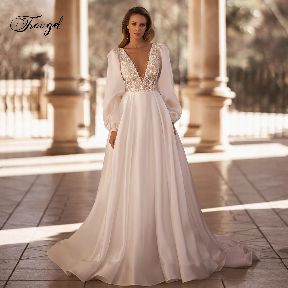 Traugel Sexy Backless V Neck Long Lantern Sleeve Wedding Dresses Delicate Beaded Lace Court Train A Line Bridal Gown