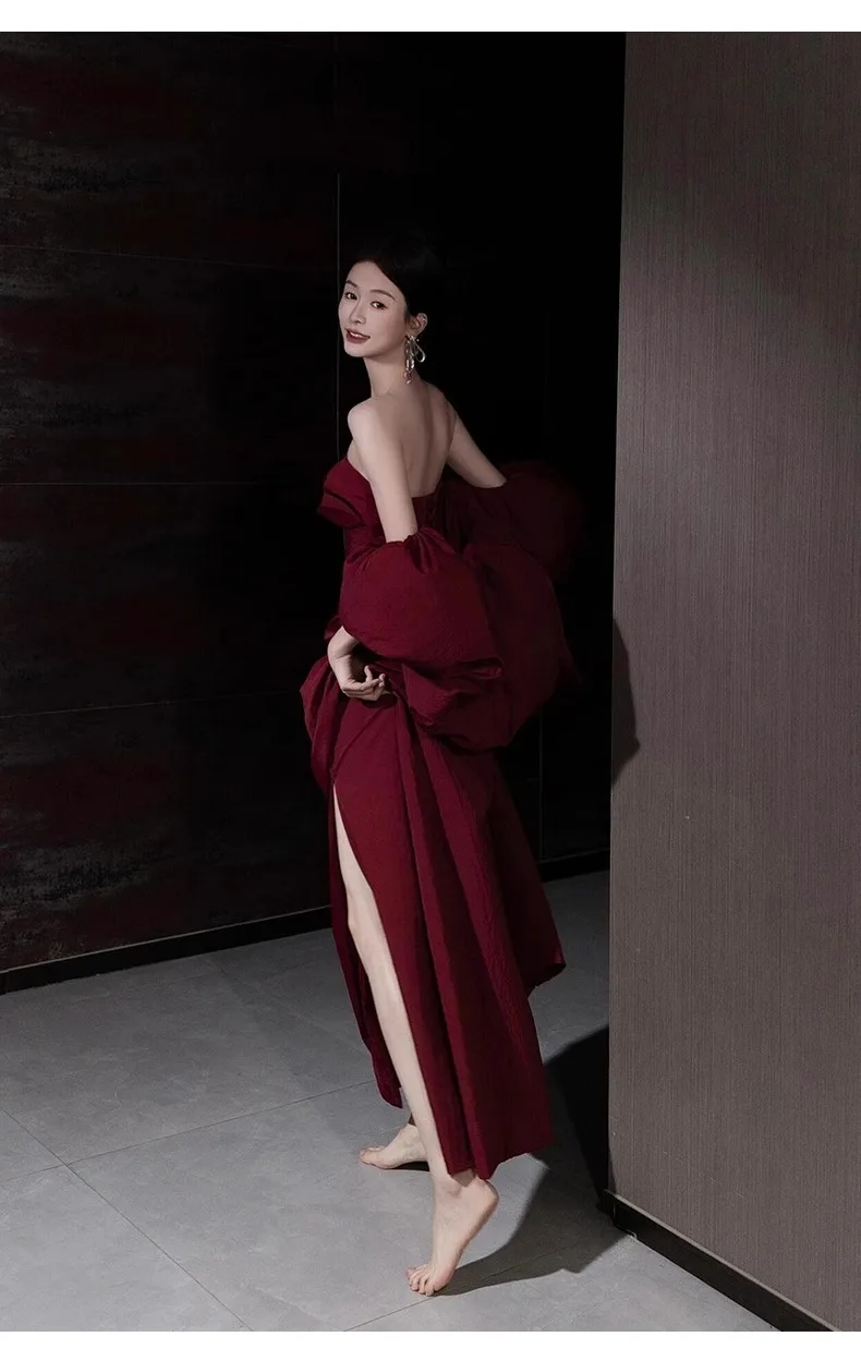 2025 French Satin High-End Design Strapless Toasting Wedding Engagement Red Banquet Host Evening Dress Slim Long Dress