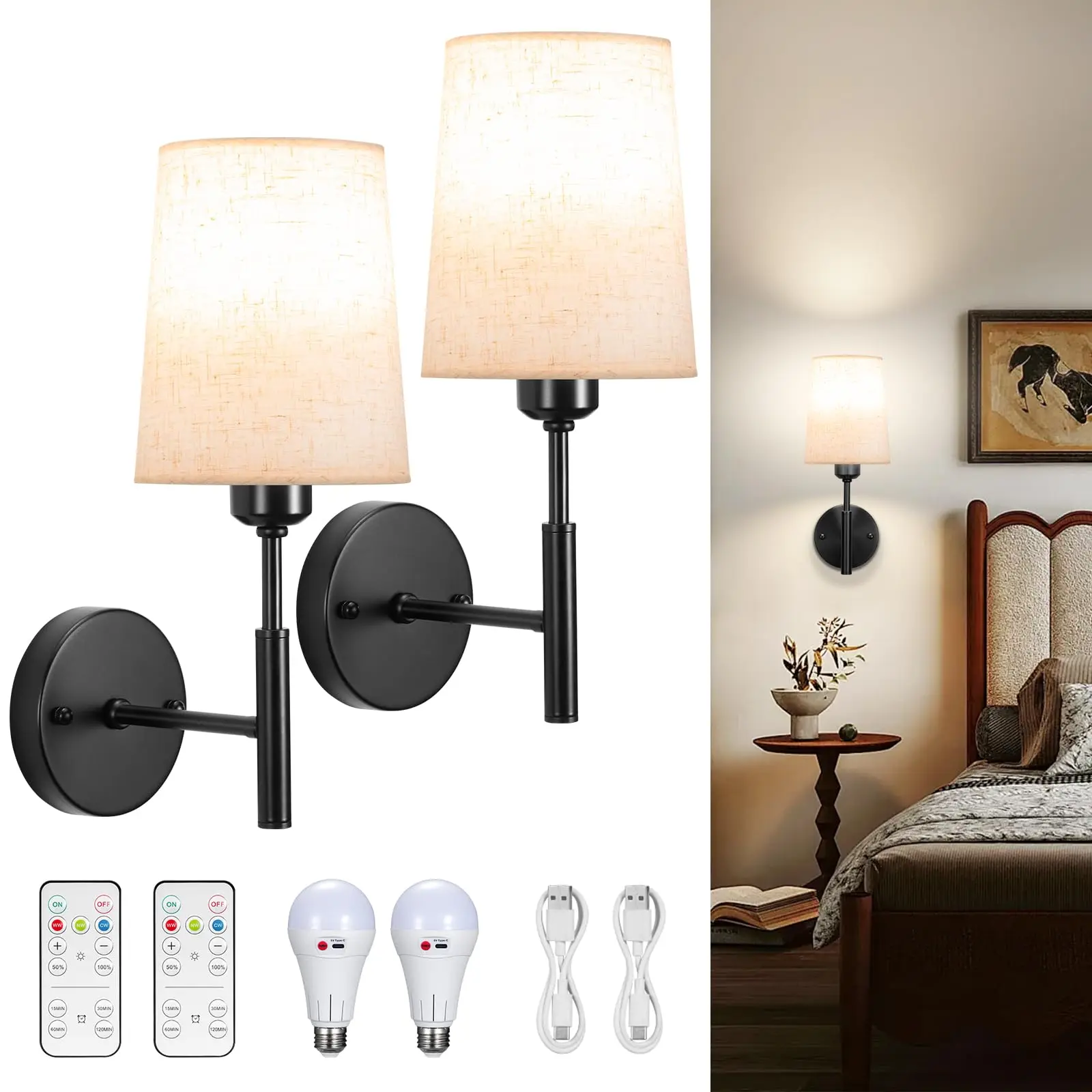 

Wall Light Wireless Easy to Install Remote Control, Battery Operated Wall Sconce Set of 2, Dimmable and Adjustable Sconces Wall