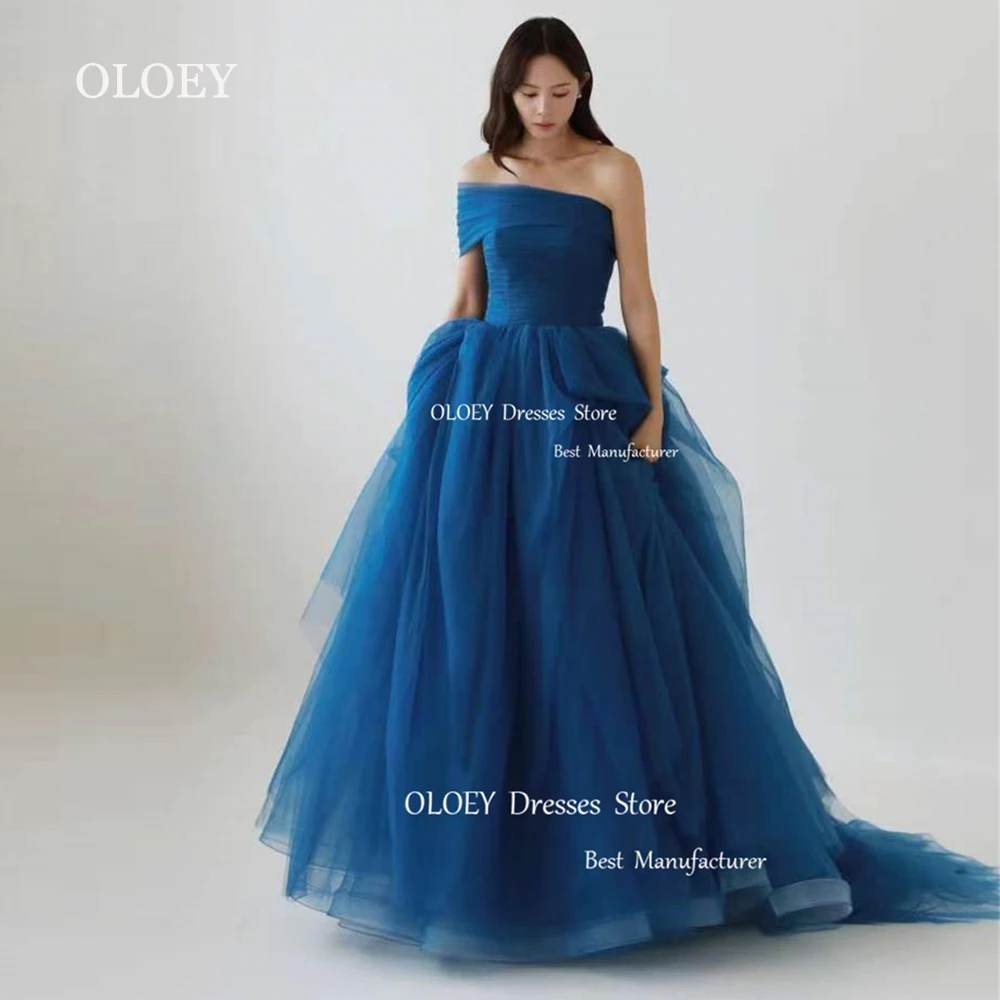 

OLOEY Korea Dark Blue Prom Dress Wedding Photoshott One Shoulder Soft Tulle Long A Line Performance Gown Off Shoulder Customized