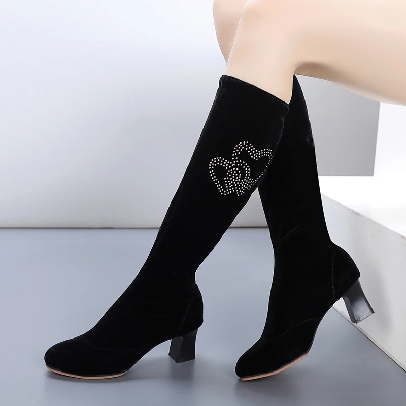 New Latin Dance Shoes Women Rubber Sole Adult Dance Boots Soft Long Tube Boots Velvet Square Dance Shoes Boots Diamonds