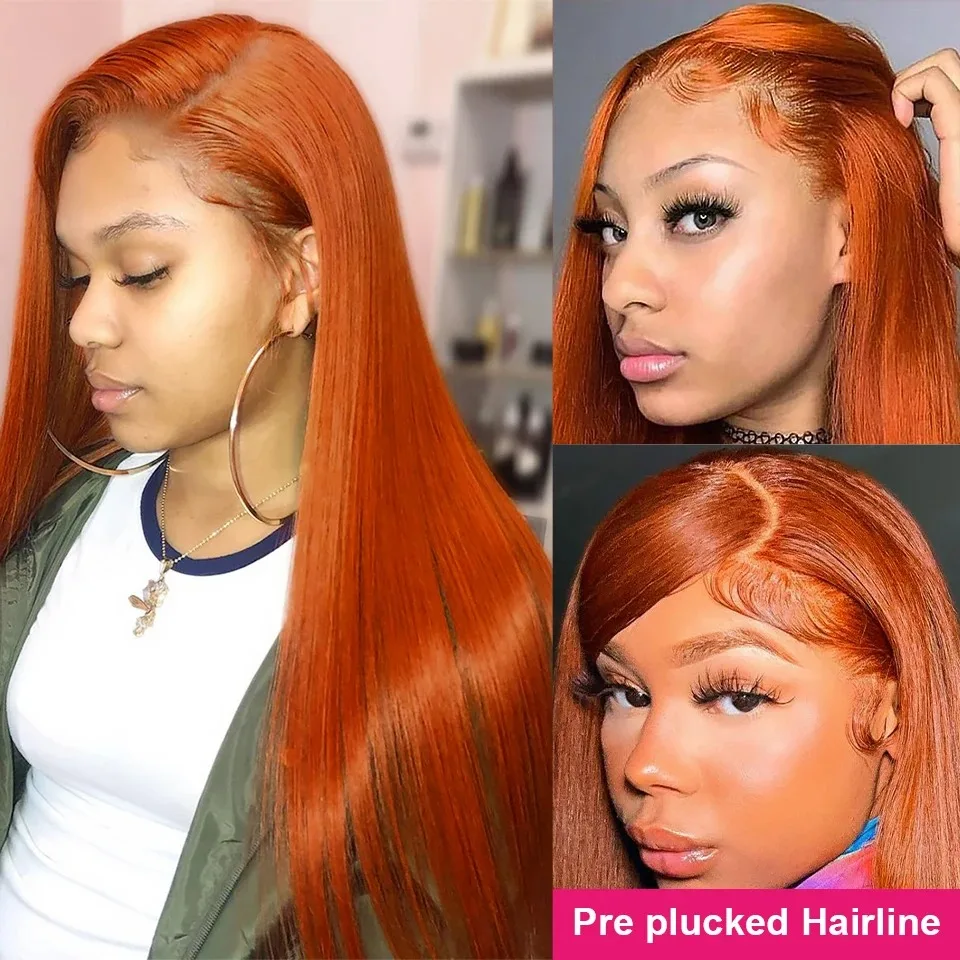 34Inch Ginger Lace Front Wig Human Hair 13X6 HD Transparent Lace Frontal Wig 350 Colored Straight Lace Wig Orange Wig Human Hair