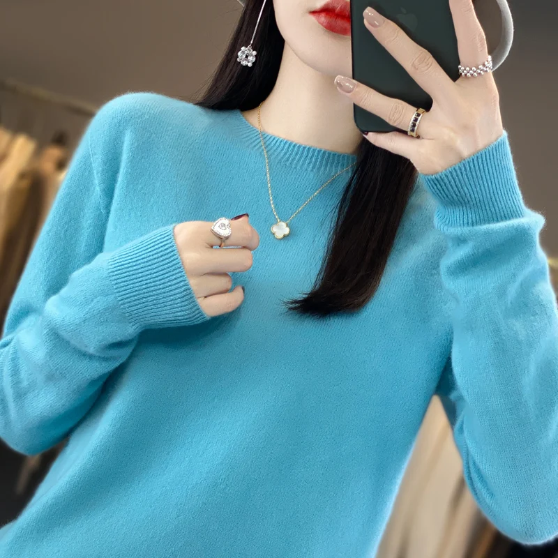 100% Wool Sweater Women\'s O-Neck First Line Garment Pullover Spring/Autumn Loose Warm Knitted Long Sleeve Solid Color Basic Top