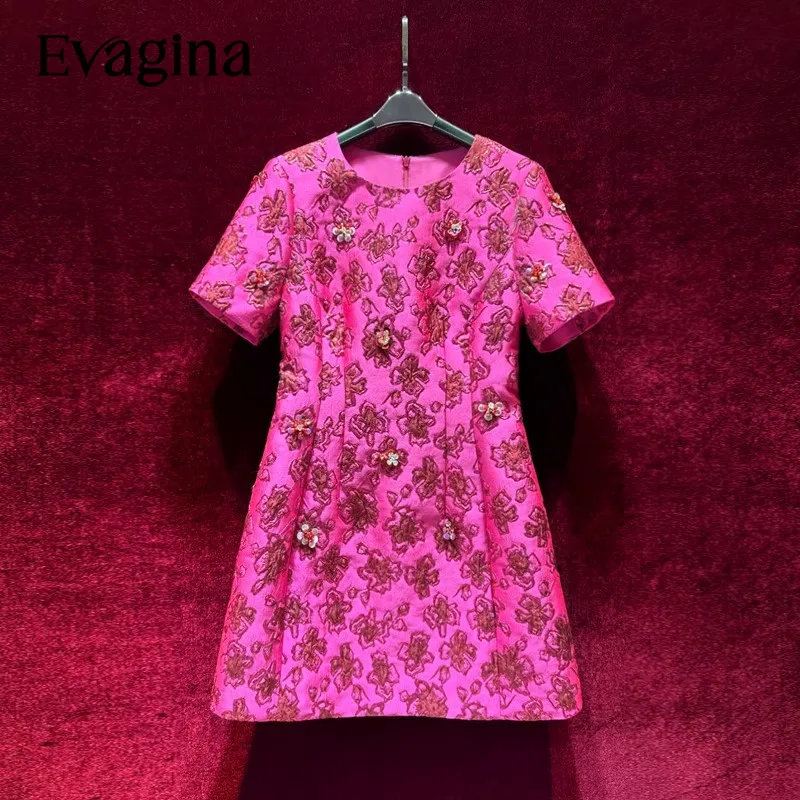 Evagina Fashion Beading Jacquard Waist Up Mini dress Spring Summer Women's Short Sleeved 2023 New Holiday Dresses