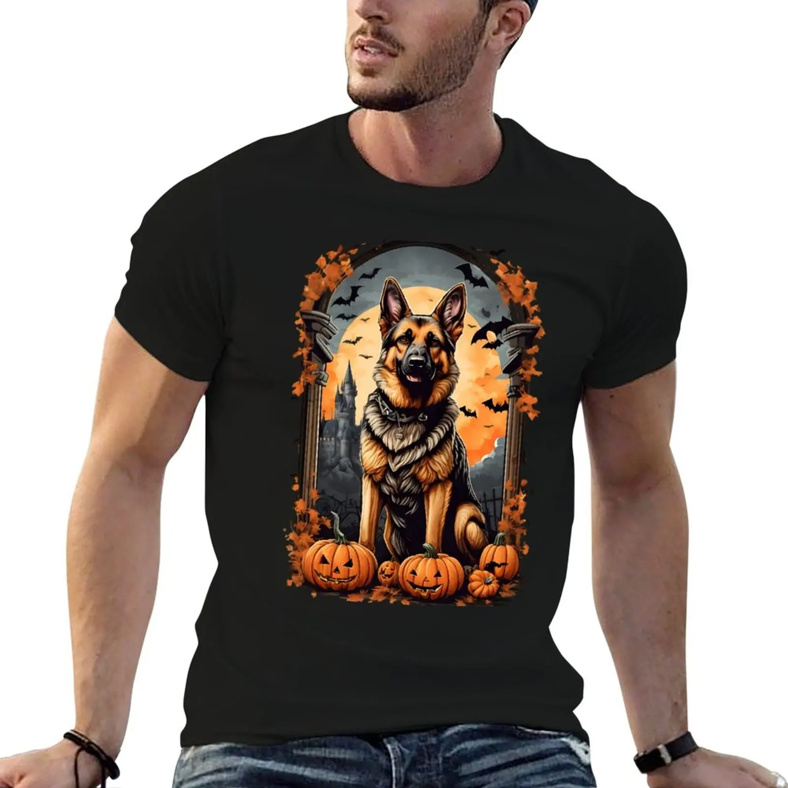 Spooky Paws and Wagging Tails: A Halloween Adventure with a German Shepherd Fitted T-Shirt man t shirt sweat cotton t shirt men