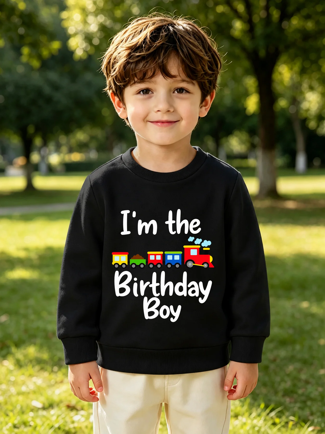 Kids Boys Birthday Sweatshirt Cartoon Train Print I'm the Birthday Boy Theme Crew Neck Long Sleeve Celebration Pullover