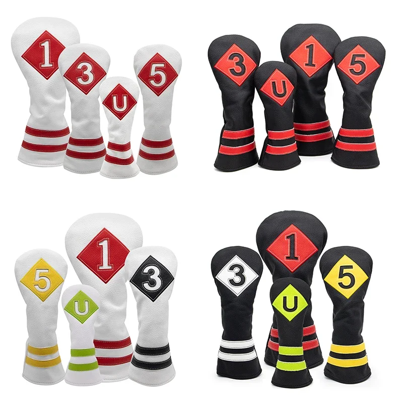 

High Quality 4pcs/set Leather Golf Head Covers block Golf Club Headcovers for Driver Fairway Hybrid Wood Head covers with Number