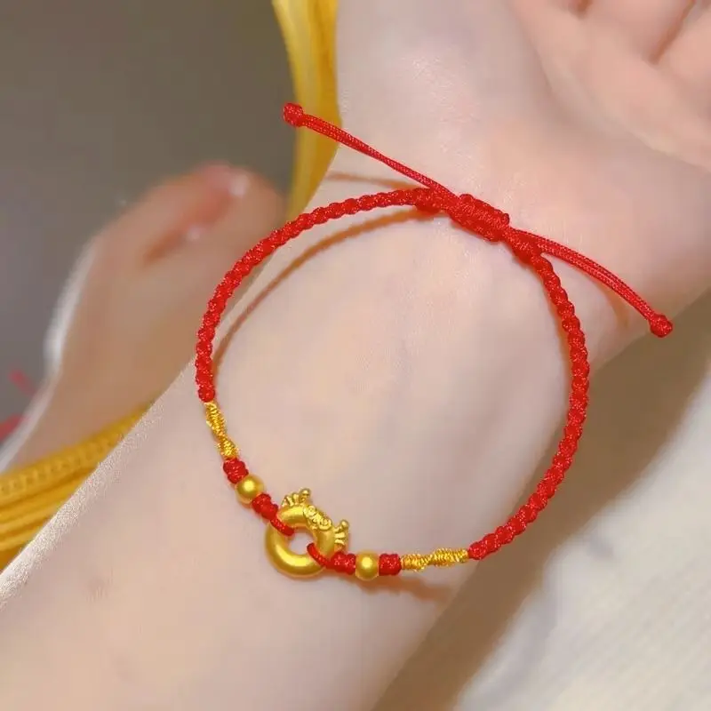 Vintage Golden Buckle Dragon Year Bracelet for Women's Year of Life Handmade Woven Red Hand Rope Niche Design Simple All-match