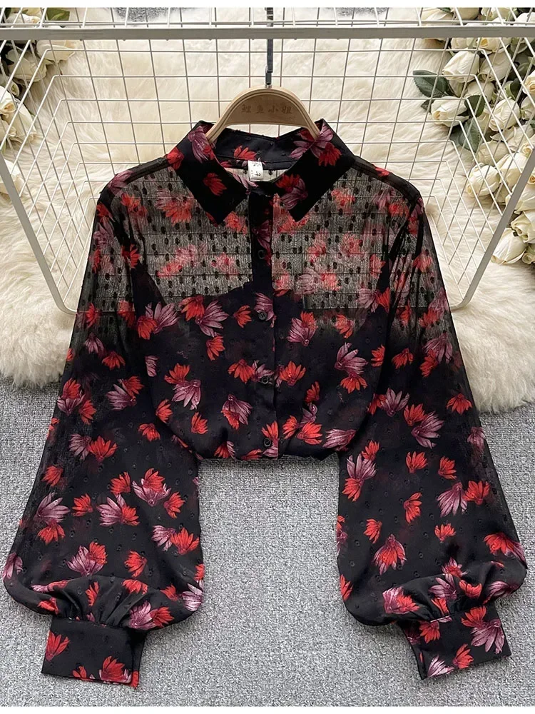 Women Spring Autumn Shirt New French Chic Thin Style Perspective Printed Shirt Loose Versatile Showing A Slim Stylish Top D5712