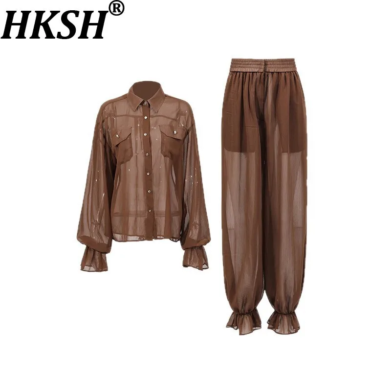 

HKSH, новый летний женский комплект из двух предметов, отложной воротник, длинные рукава, карманы, элегантная модная рубашка, повседневные брюки с эластичной резинкой на талии HK9877