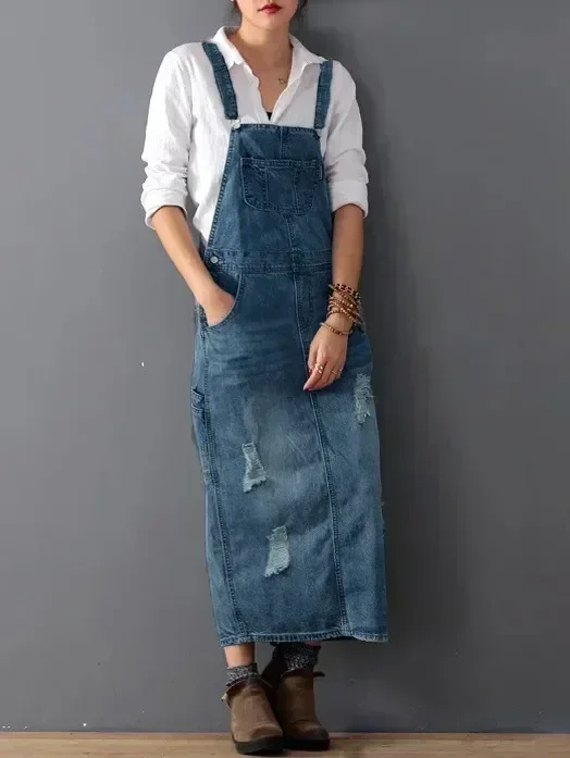 

Women Denim Dresses Suspender Sleeveless Strap Straight Long Skirts Romper Loose Jumpsuit Overalls Jeans Dresses Vestidos