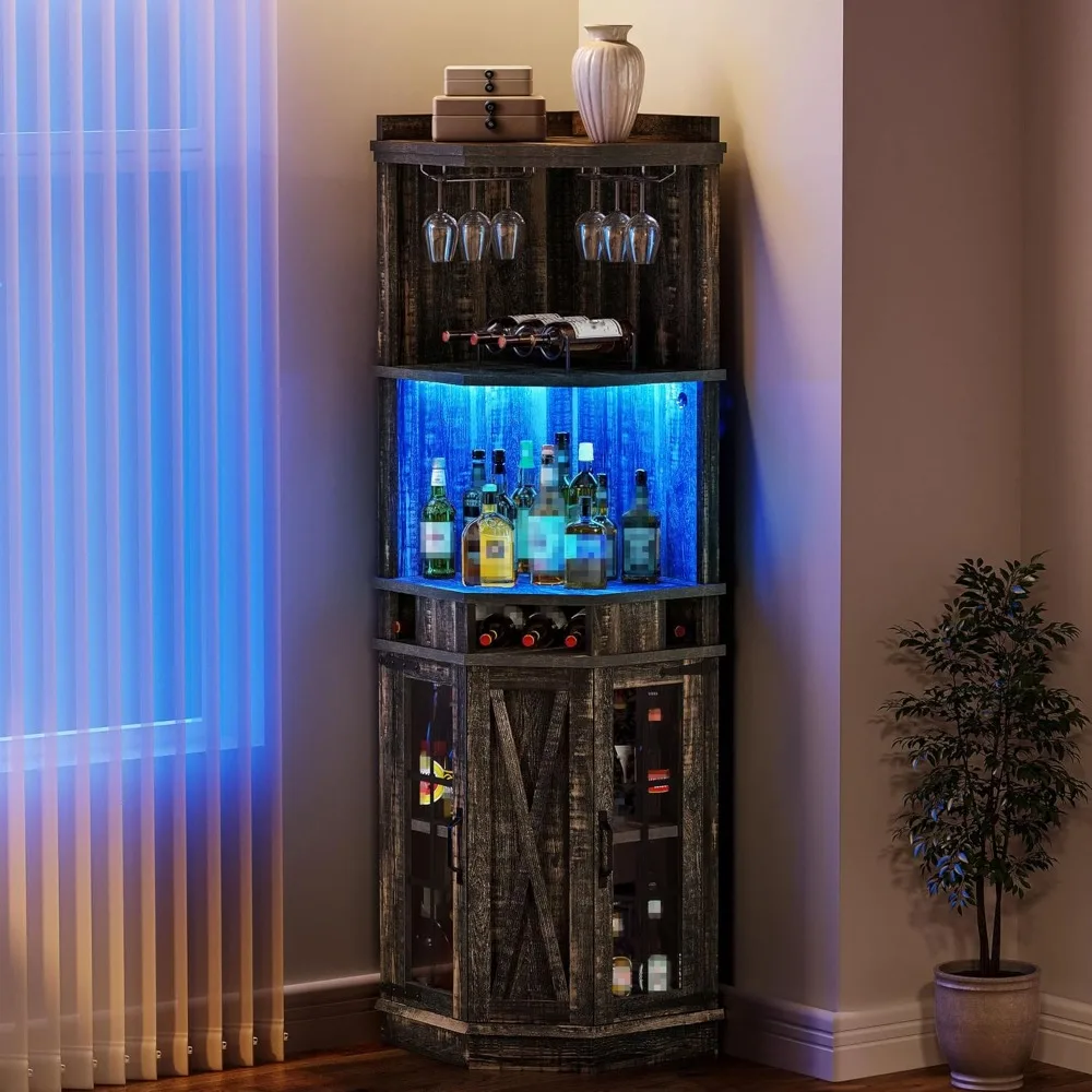 72 خزانة بار زاوية للمزرعة مع أضواء LED وباب زجاجي، خزانة مشروبات مع حامل زجاجي، كابينة بار الخمور من 6 طبقات