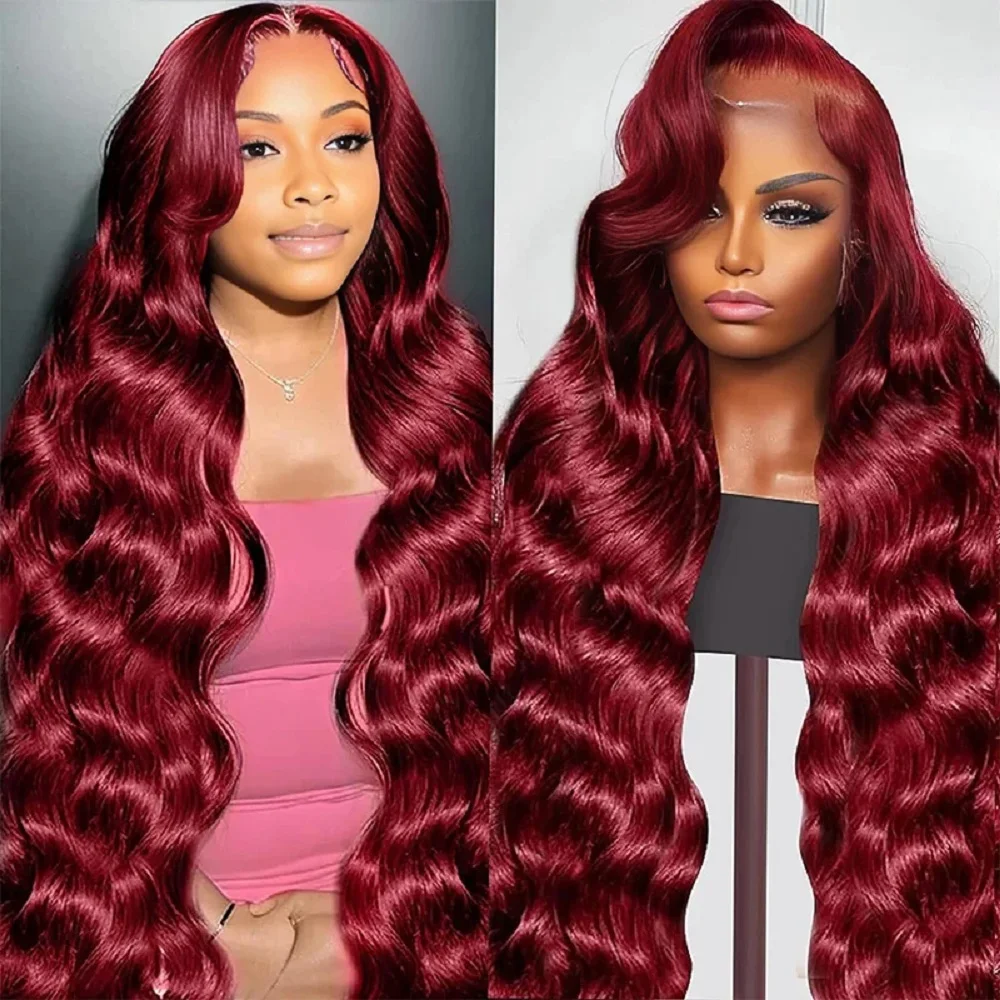 

44 Inch 13x4 HD Lace Front Wig 99J Burgundy Colored Body Wave Human Hair Preplucked 200 Density 13x6 Lace Frontal Wigs For Women