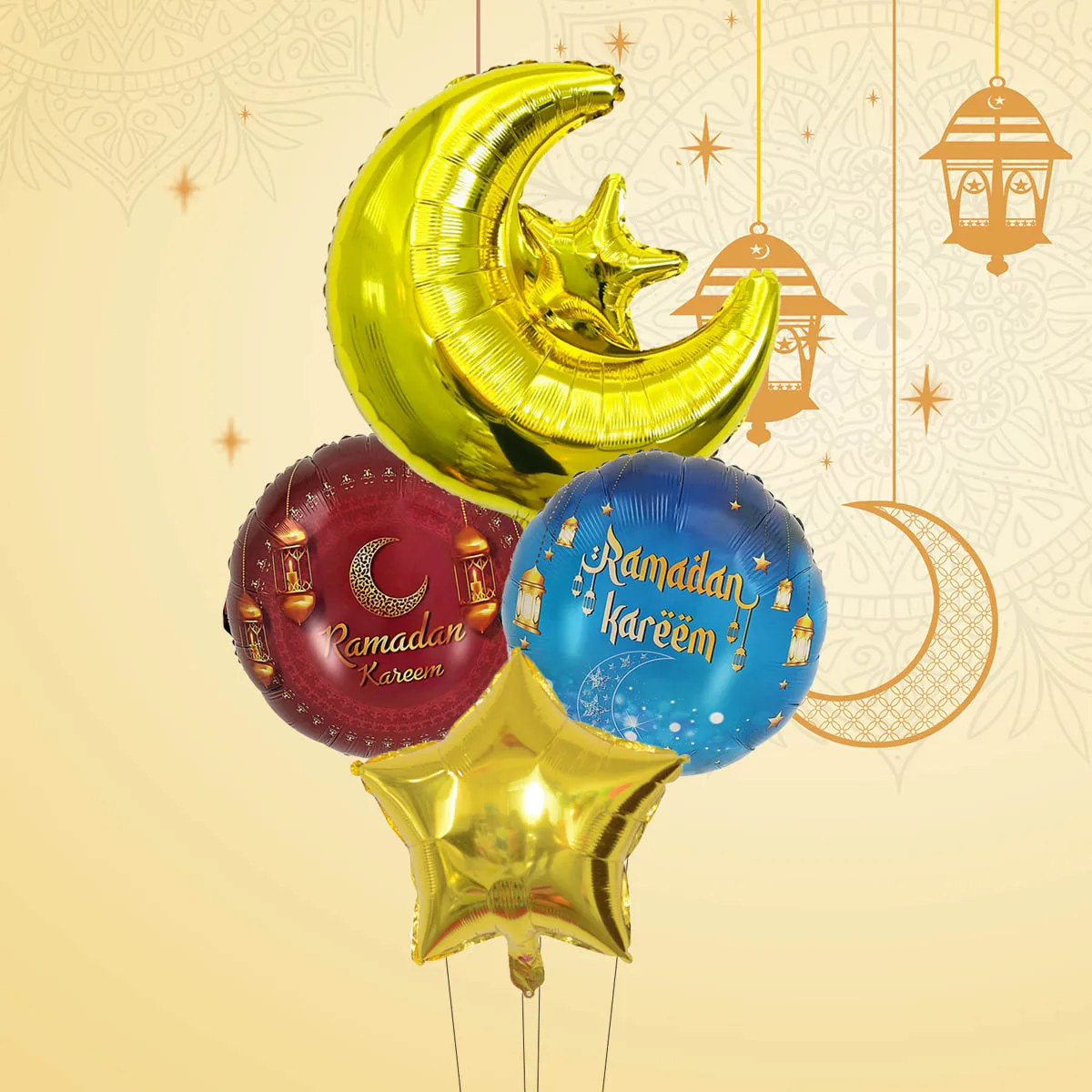 4pcs Ramadan Star Moon Balloons Set Ramadan Kareem Round Helium Balloon Ramadan Decorations Eid al-Fitr Decor Eid Al Adha