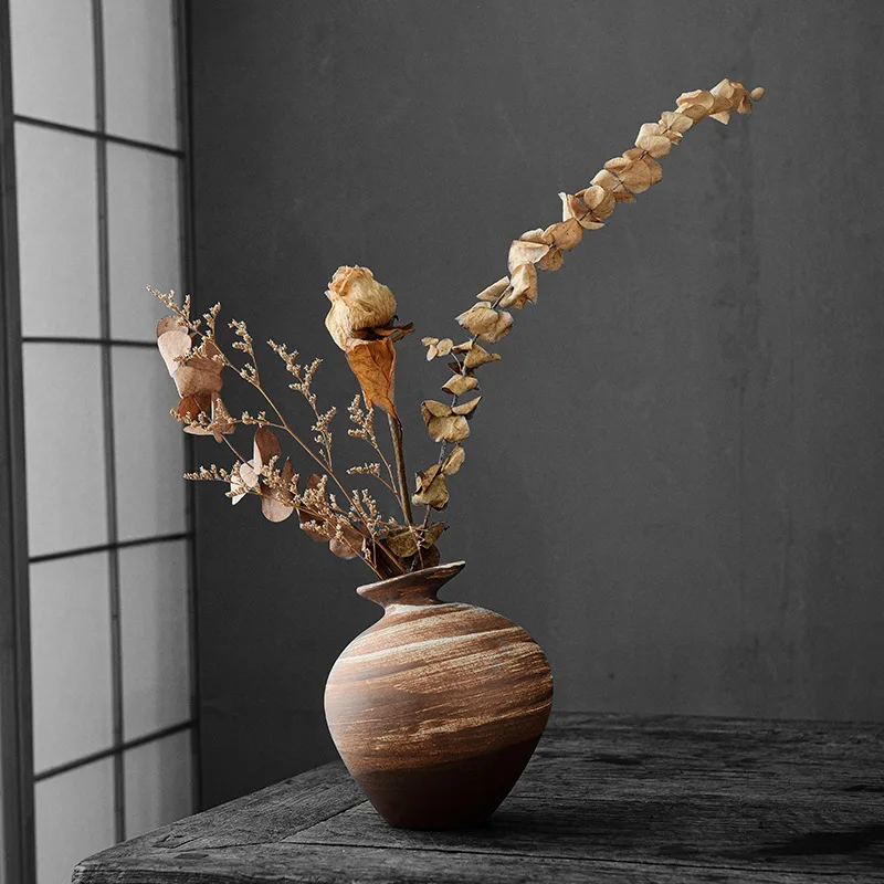 Japanese-style coarse pottery flower ceramic small flower arrangement dried flower vase coffee table decorative ornament