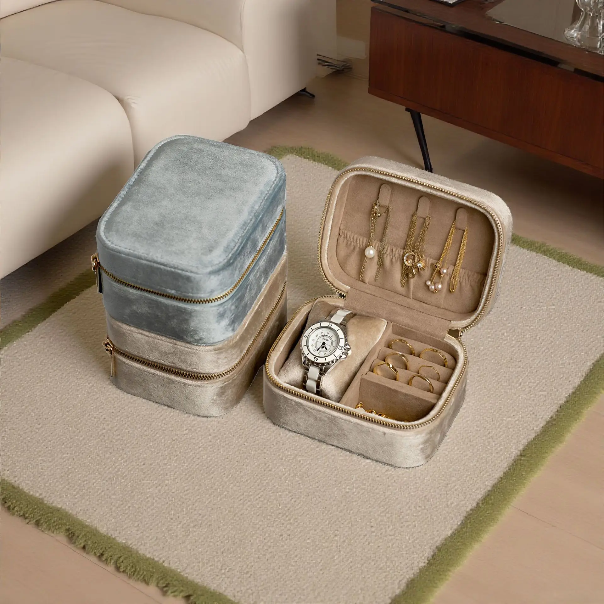 

Mini Velvet Jewelry Box Portable Travel Jewelry Organizer Case Zipper Storage Box for Rings Earrings Necklaces Watch Women Gifts